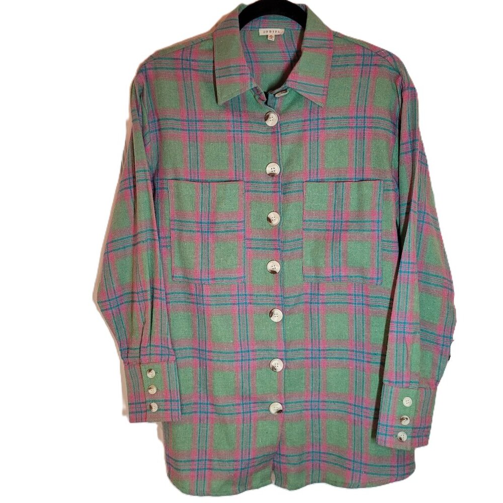 Jodifl Women's Oversized Plaid Button Up Green/Pink/Blue Size Medium